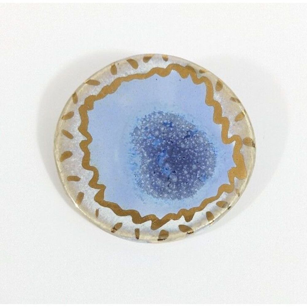 Round Artisan Signed Ceramic Brooch - Signed J. Scheilter Blue And Gold Toned